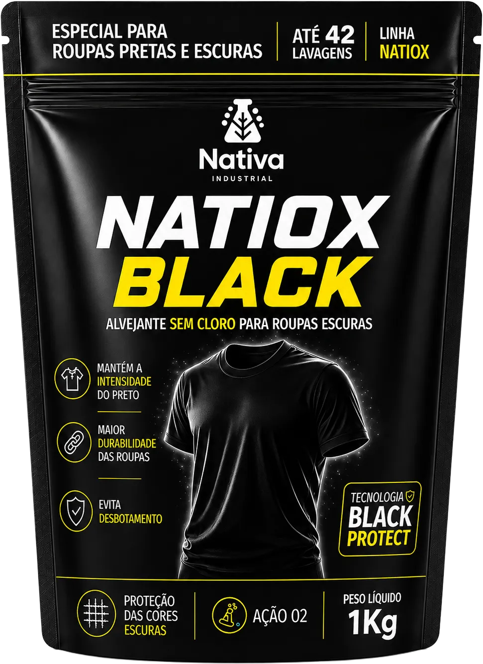 Embalagem de 1 kg do Natiox Black, alvejante sem cloro para roupas escuras